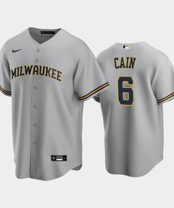 Brewers 6 Lorenzo Cain Road Gray Jersey