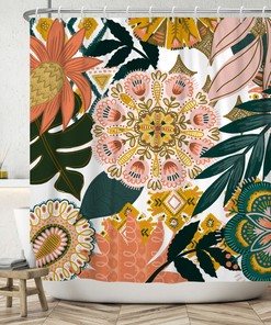 Bright Boho Floral Shower Curtain with Flower and Green Leaves, Perfect for Bathroom and Tub Decor - Bathroom Curtain