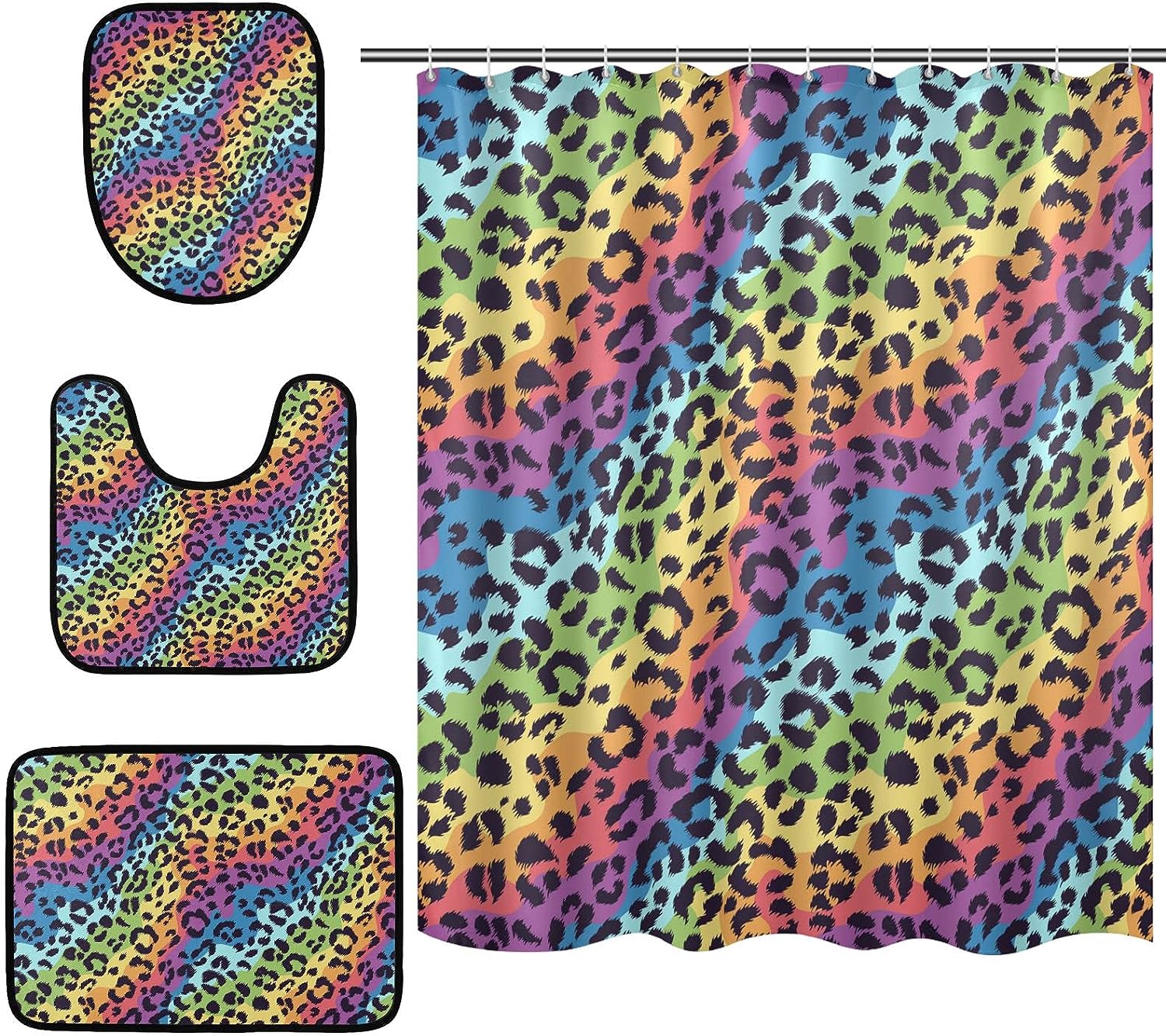 Bright Colors Leopard Spot Shower Curtain with Matching Mat and Contour - Unique Bathroom Decor