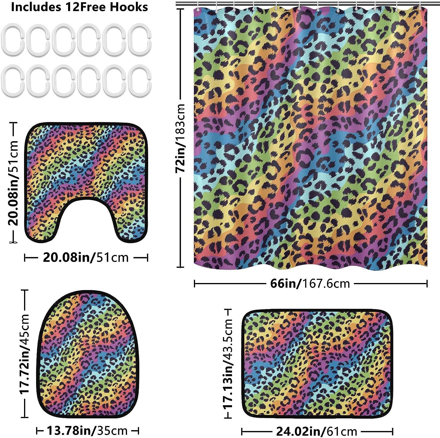 Bright Colors Leopard Spot Shower Curtain with Matching Mat and Contour - Unique Bathroom Decor