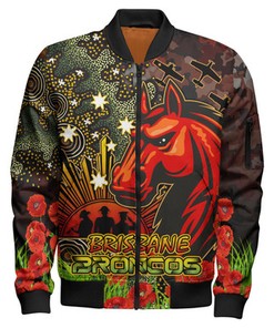 Broncos Rugby Bomber Jacket - Anzac Broncos with Remembrance Poppy and Indigenous Patterns Bomber Jacket