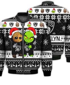 Brooklyn Nets Baby Groot And Grinch Best Friends Football American Ugly Christmas Sweater Gifts Unisex 3D Bomber Jacket