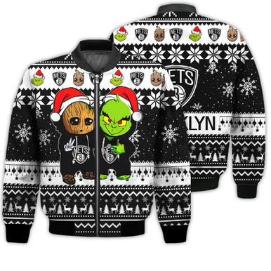 Brooklyn Nets Baby Groot And Grinch Best Friends Football American Ugly Christmas Sweater Gifts Unisex 3D Bomber Jacket