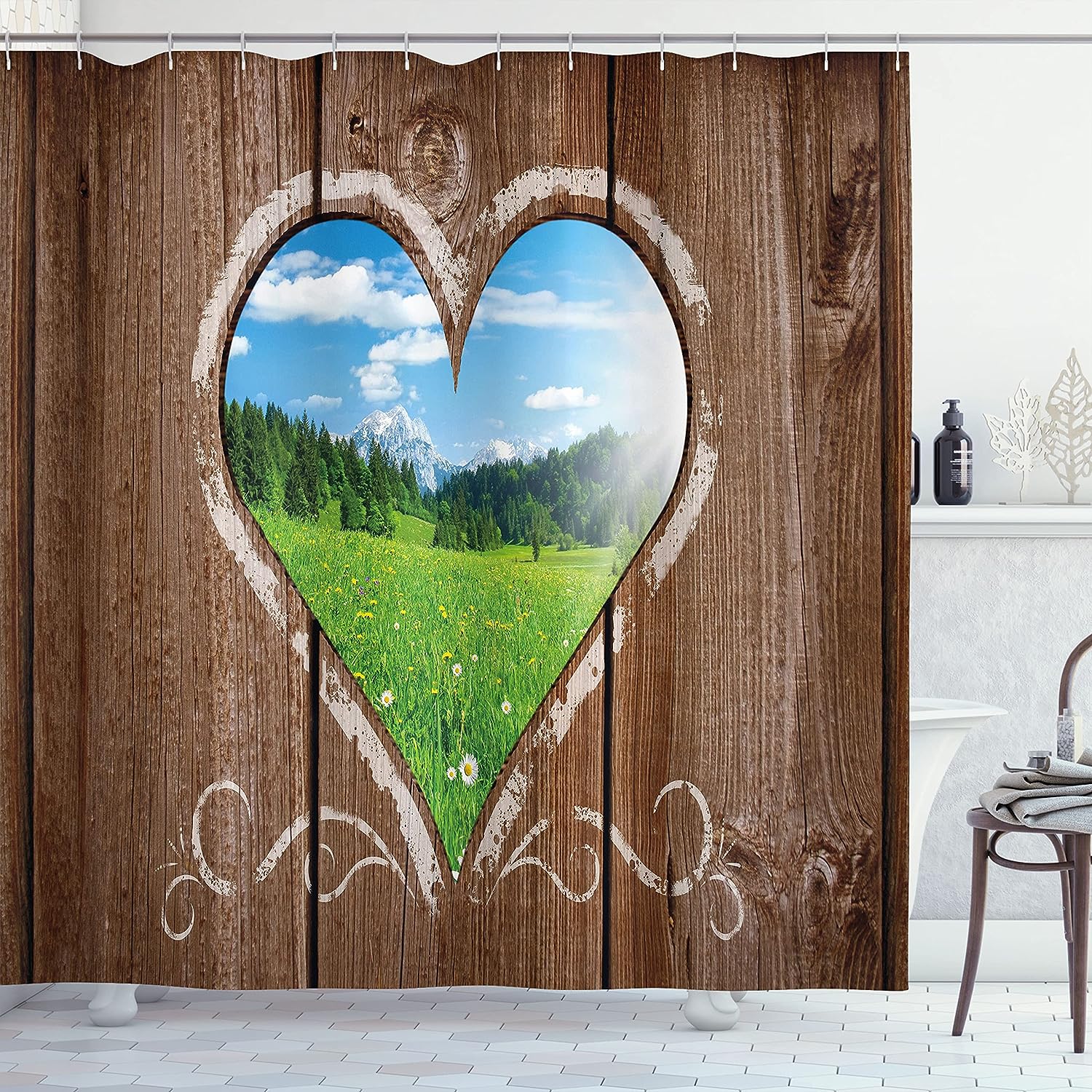 Brown Blue Green Outhouse Shower Curtain, Rustic Farm Barn Shed Chalk Art Image, Bathroom Decor Bathroom Curtain