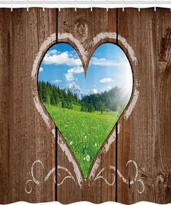 Brown Blue Green Outhouse Shower Curtain, Rustic Farm Barn Shed Chalk Art Image, Bathroom Decor Bathroom Curtain