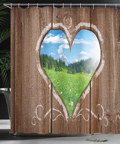 Brown Blue Green Outhouse Shower Curtain, Rustic Farm Barn Shed Chalk Art Image, Bathroom Decor Bathroom Curtain