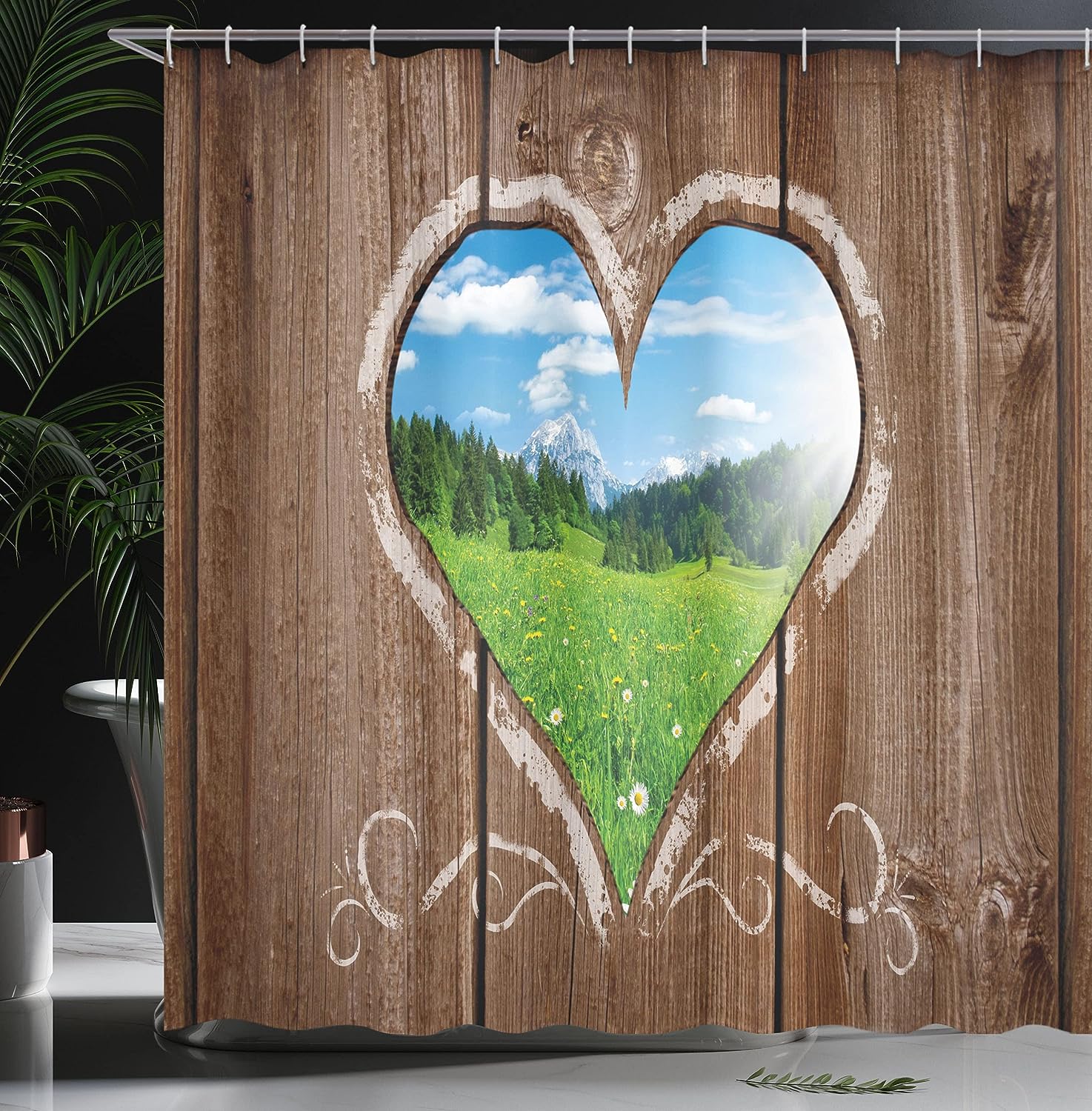 Brown Blue Green Outhouse Shower Curtain, Rustic Farm Barn Shed Chalk Art Image, Bathroom Decor Bathroom Curtain