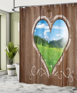 Brown Blue Green Outhouse Shower Curtain, Rustic Farm Barn Shed Chalk Art Image, Bathroom Decor Bathroom Curtain