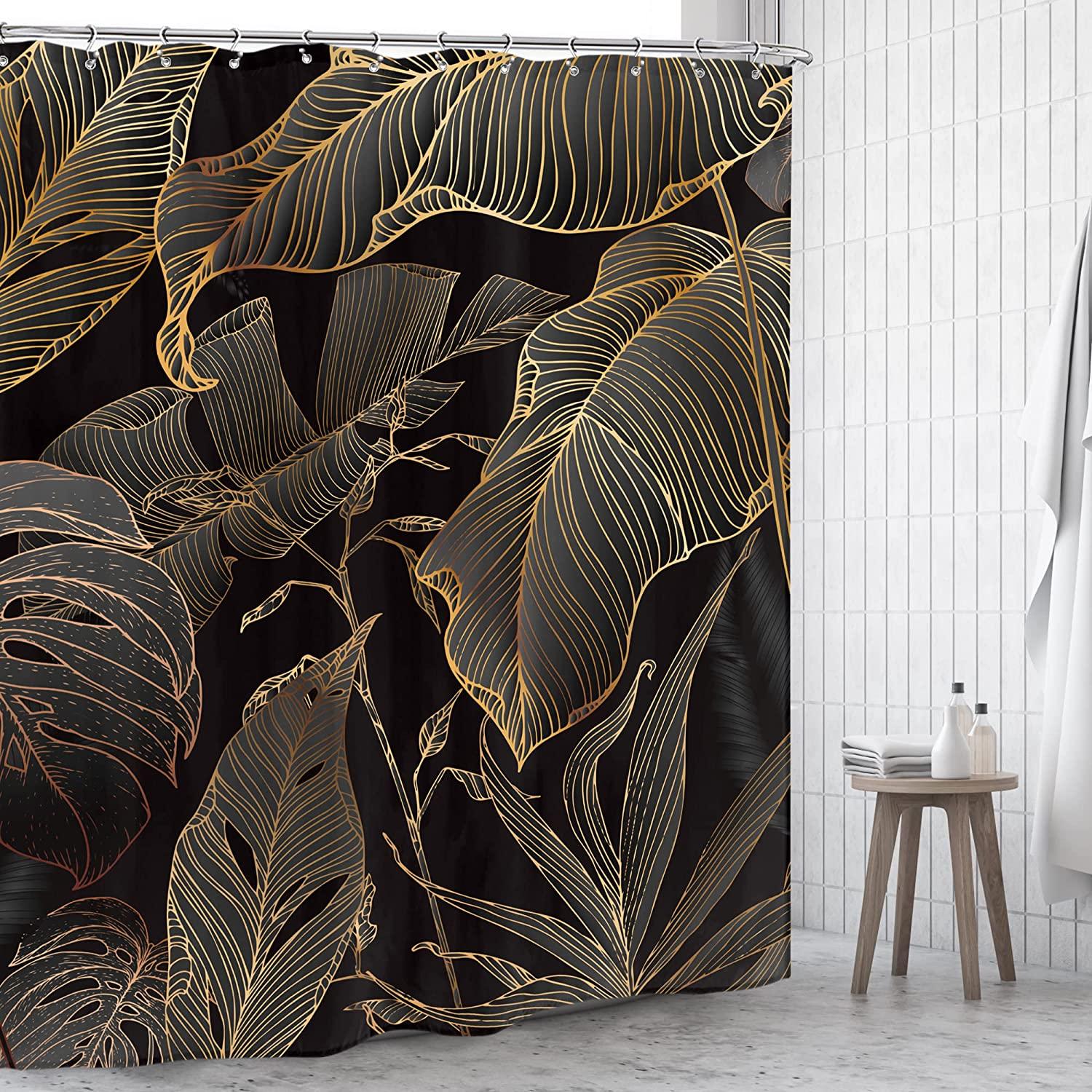 Brown Copper Shower Curtain with Banana Leaf and Palm Tree Palm Leaf for Bathroom Decor