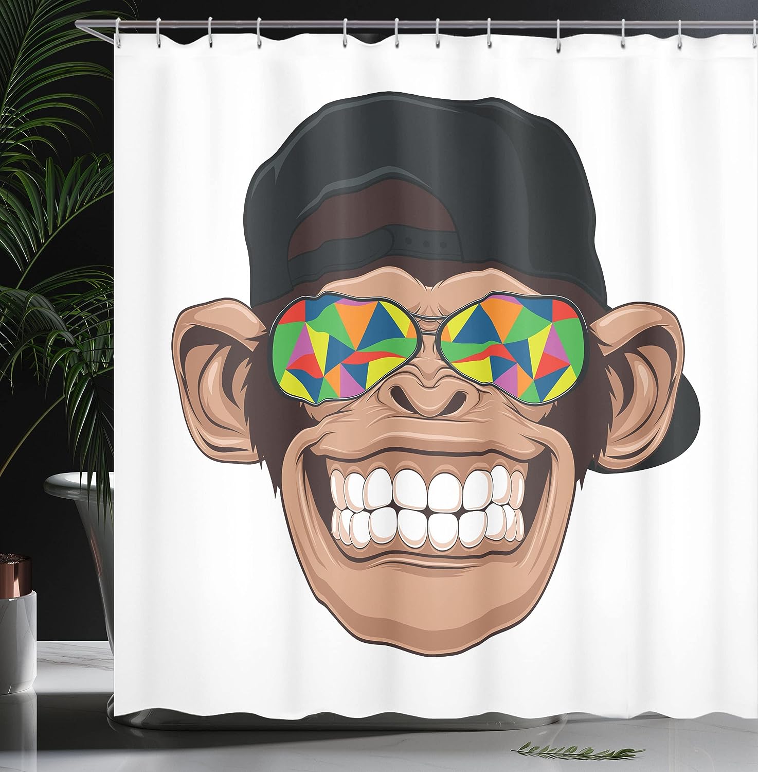 Brown Multicolor Monkey Shower Curtain with Hipster Chimpanzee Character Portrait for a Quirky Bathroom Decor
