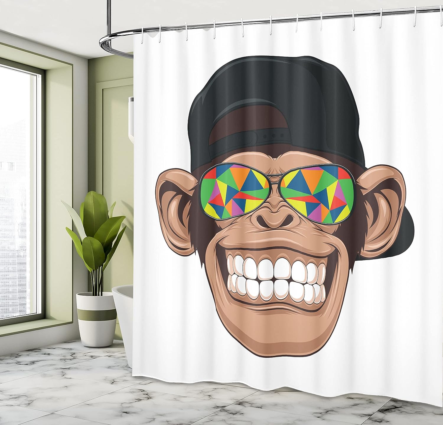 Brown Multicolor Monkey Shower Curtain with Hipster Chimpanzee Character Portrait for a Quirky Bathroom Decor