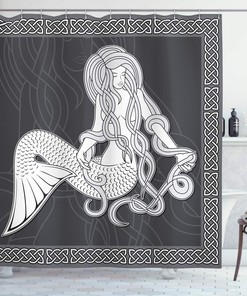 Brown and White Mermaid Shower Curtain with Vintage Celtic Patterns and Brushing Hair Illustration for a Retro Bathroom Decor