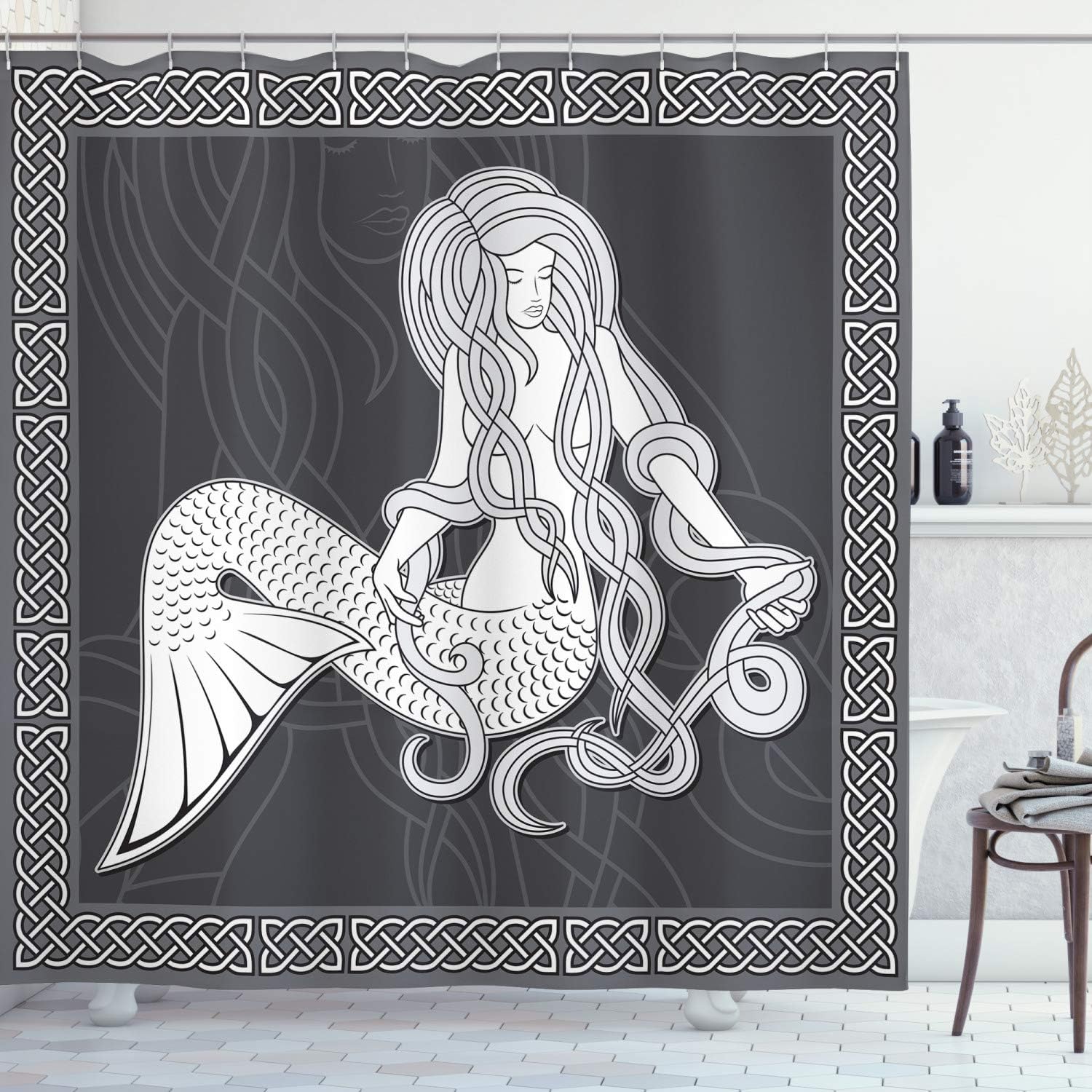 Brown and White Mermaid Shower Curtain with Vintage Celtic Patterns and Brushing Hair Illustration for a Retro Bathroom Decor