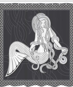 Brown and White Mermaid Shower Curtain with Vintage Celtic Patterns and Brushing Hair Illustration for a Retro Bathroom Decor