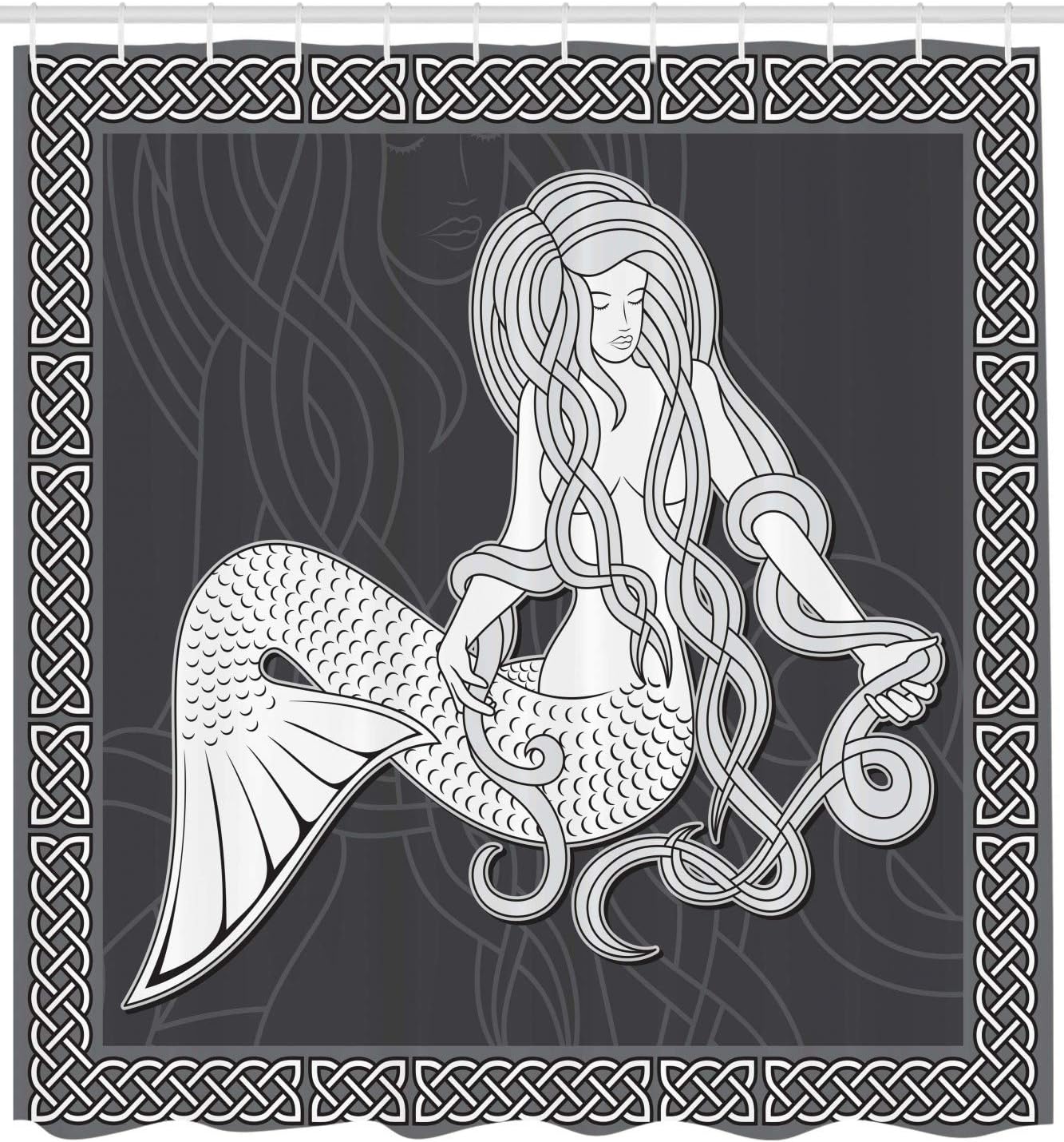 Brown and White Mermaid Shower Curtain with Vintage Celtic Patterns and Brushing Hair Illustration for a Retro Bathroom Decor