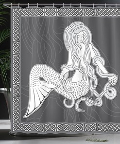 Brown and White Mermaid Shower Curtain with Vintage Celtic Patterns and Brushing Hair Illustration for a Retro Bathroom Decor