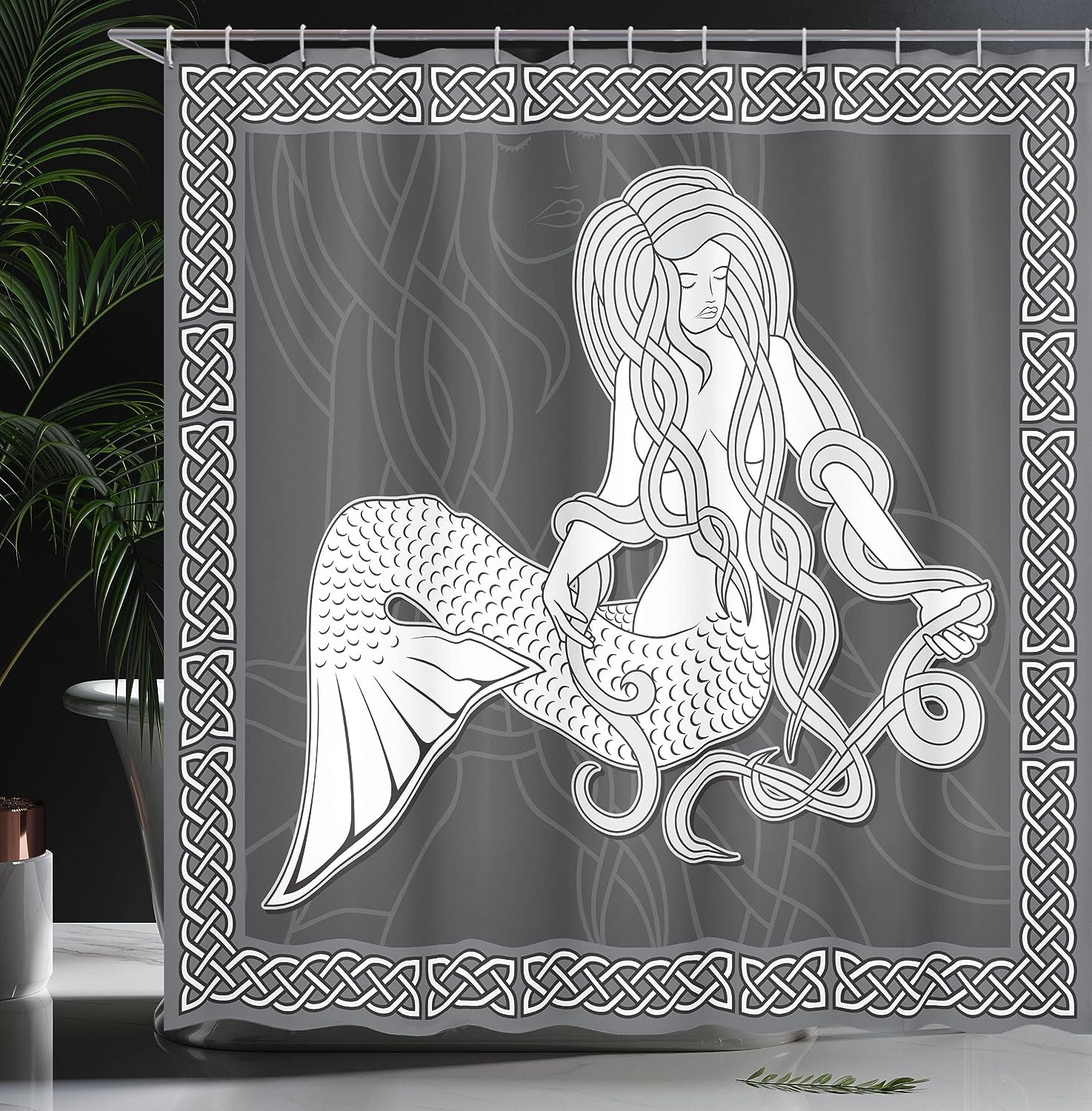 Brown and White Mermaid Shower Curtain with Vintage Celtic Patterns and Brushing Hair Illustration for a Retro Bathroom Decor
