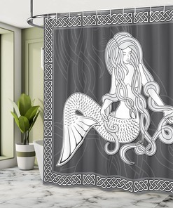 Brown and White Mermaid Shower Curtain with Vintage Celtic Patterns and Brushing Hair Illustration for a Retro Bathroom Decor