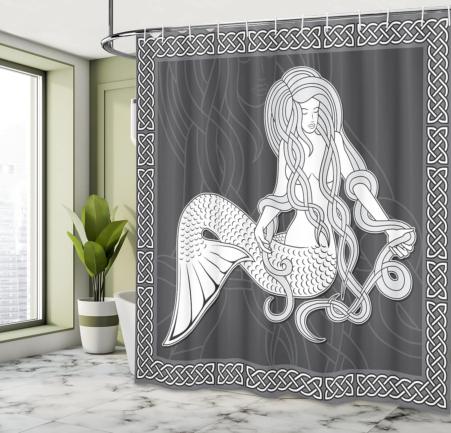 Brown and White Mermaid Shower Curtain with Vintage Celtic Patterns and Brushing Hair Illustration for a Retro Bathroom Decor