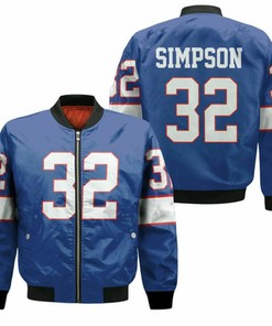 Buffalo Bills 32 O J Simpson Men Royal Vintage Jersey Inspired Style Bomber Jacket Model 617