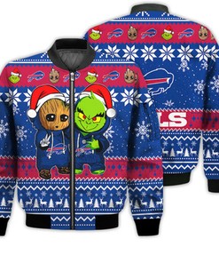 Buffalo Bills Baby Groot And Grinch Best Friends Football American Ugly Christmas Sweater Gifts Unisex 3D Bomber Jacket