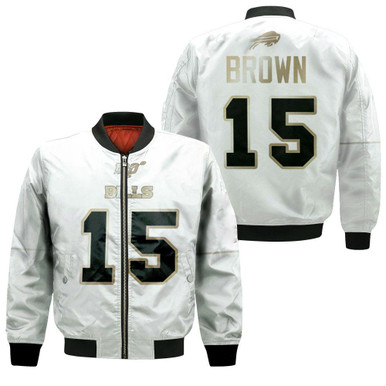 Buffalo Bills John Brown #15 NFL White 100th Season Golden Edition Jersey Style Gift For Bills Fans Bomber Jacket