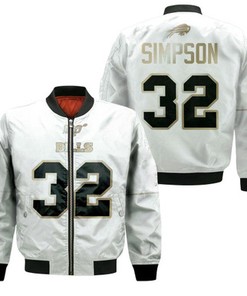 Buffalo Bills O J Simpson #32 NFL White 100th Season Golden Edition Jersey Style Gift For Bills Fans Bomber Jacket