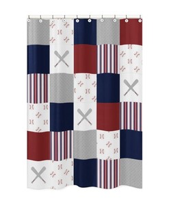 Buffalo Plaid Baseball Patch Shower Curtain for Boys Bathroom Decor