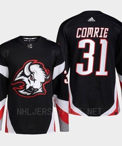 Buffalo Sabres 2022-23 Goathead Third Eric Comrie 31 Black Primegreen Jersey Men's