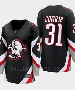 Buffalo Sabres Eric Comrie 31 Black Goathead Third Premier 2022-23 Jersey Women