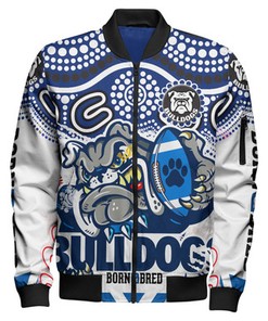 Bulldogs Rugby Born & Bred Bomber Jacket - Custom Indigenous Bulldogs With Rugby Ball And Aboriginal Patterns