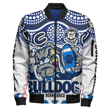 Bulldogs Rugby Born & Bred Bomber Jacket - Custom Indigenous Bulldogs With Rugby Ball And Aboriginal Patterns
