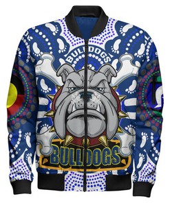 Bulldogs Rugby Indigenous Bomber Jacket - Canterbury-Bankstown Super Berries Aboriginal Footprint