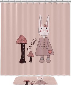 Bunny Mushroom Pink Printing Waterproof Fabric Bathroom Shower Curtain 