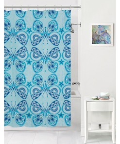 Butterfly Blue Boho Shower Curtain - Kid-Friendly Fabric with Bohemian Flair