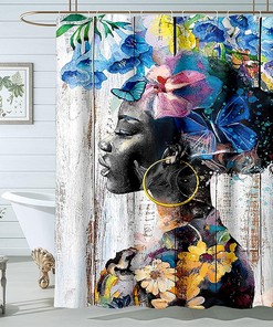Butterfly Lady Floral Boho Theme African American Woman Black Shower Curtain for Girly Bathroom Decor
