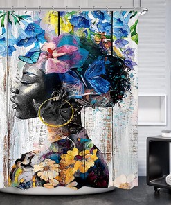 Butterfly Lady Floral Boho Theme African American Woman Black Shower Curtain for Girly Bathroom Decor