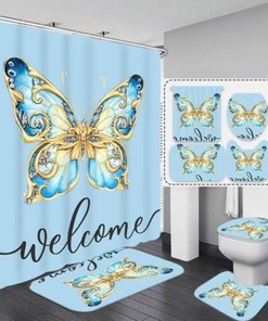 Butterfly Necklace Shower Curtain, Blue Design, Waterproof Fabric