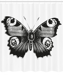 Butterfly Print Shower Curtain - Artistic and Chic Black and White Bathroom Decor with Insect Design