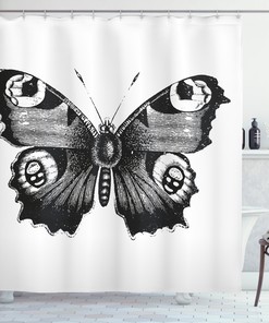 Butterfly Print Shower Curtain - Artistic and Chic Black and White Bathroom Decor with Insect Design