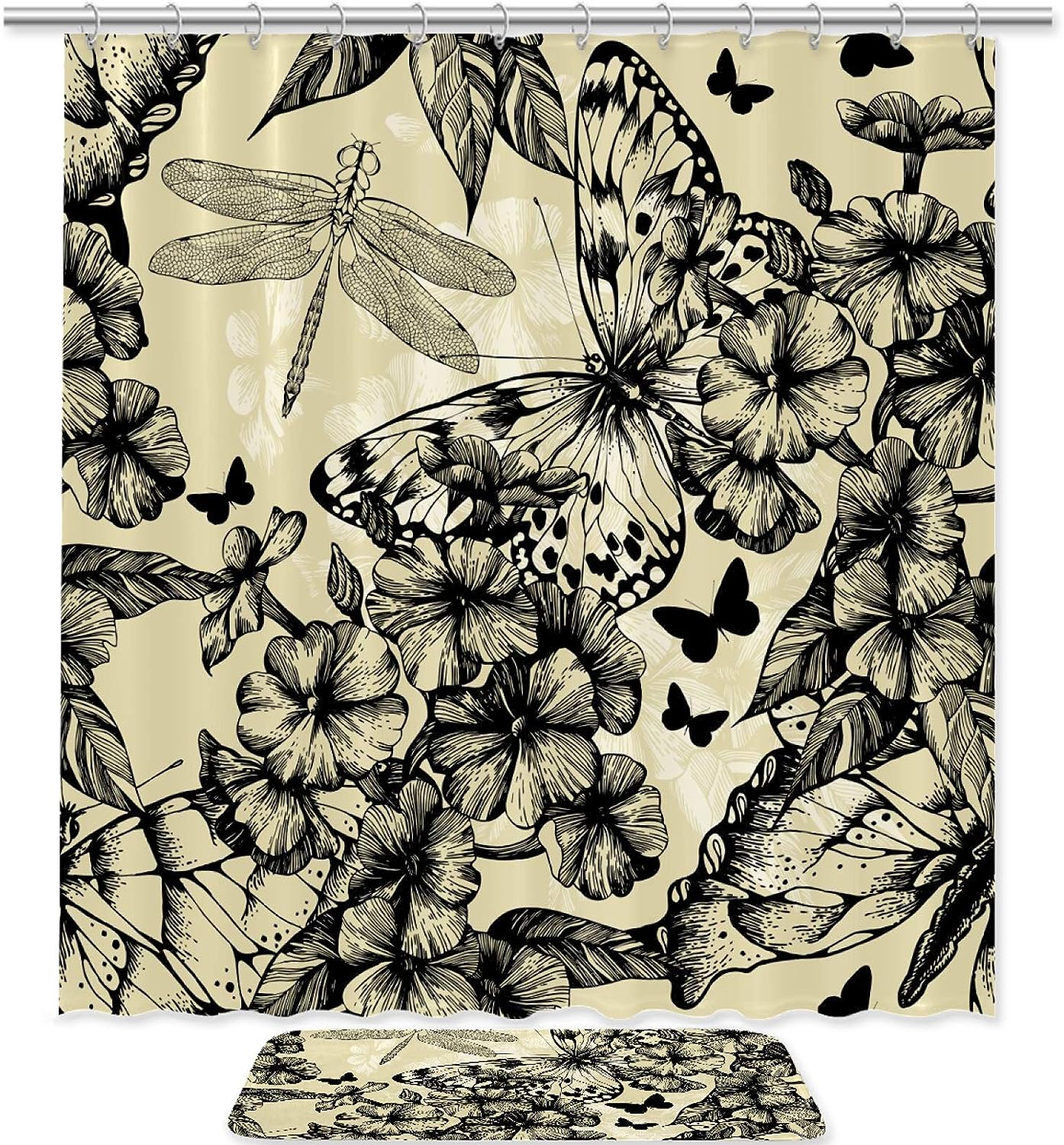 Butterfly and Dragonfly Fabric Shower Curtain Liner, Blooming Phlox Design