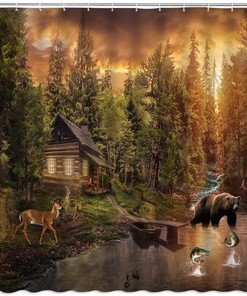 Cabin Shower Curtain Bear Moose Forest Hunt, Rustic Farmhouse Fabric Bathroom Decor