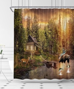 Cabin Shower Curtain Bear Moose Forest Hunt, Rustic Farmhouse Fabric Bathroom Decor