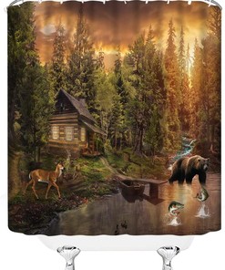 Cabin Shower Curtain Bear Moose Forest Hunt, Rustic Farmhouse Fabric Bathroom Decor