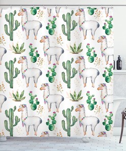 Cacti Llama Hot South Shower Curtain, Plant Pattern Modern Colored Image Print for Bathroom Decor, Multicolor White