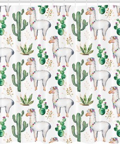 Cacti Llama Hot South Shower Curtain, Plant Pattern Modern Colored Image Print for Bathroom Decor, Multicolor White
