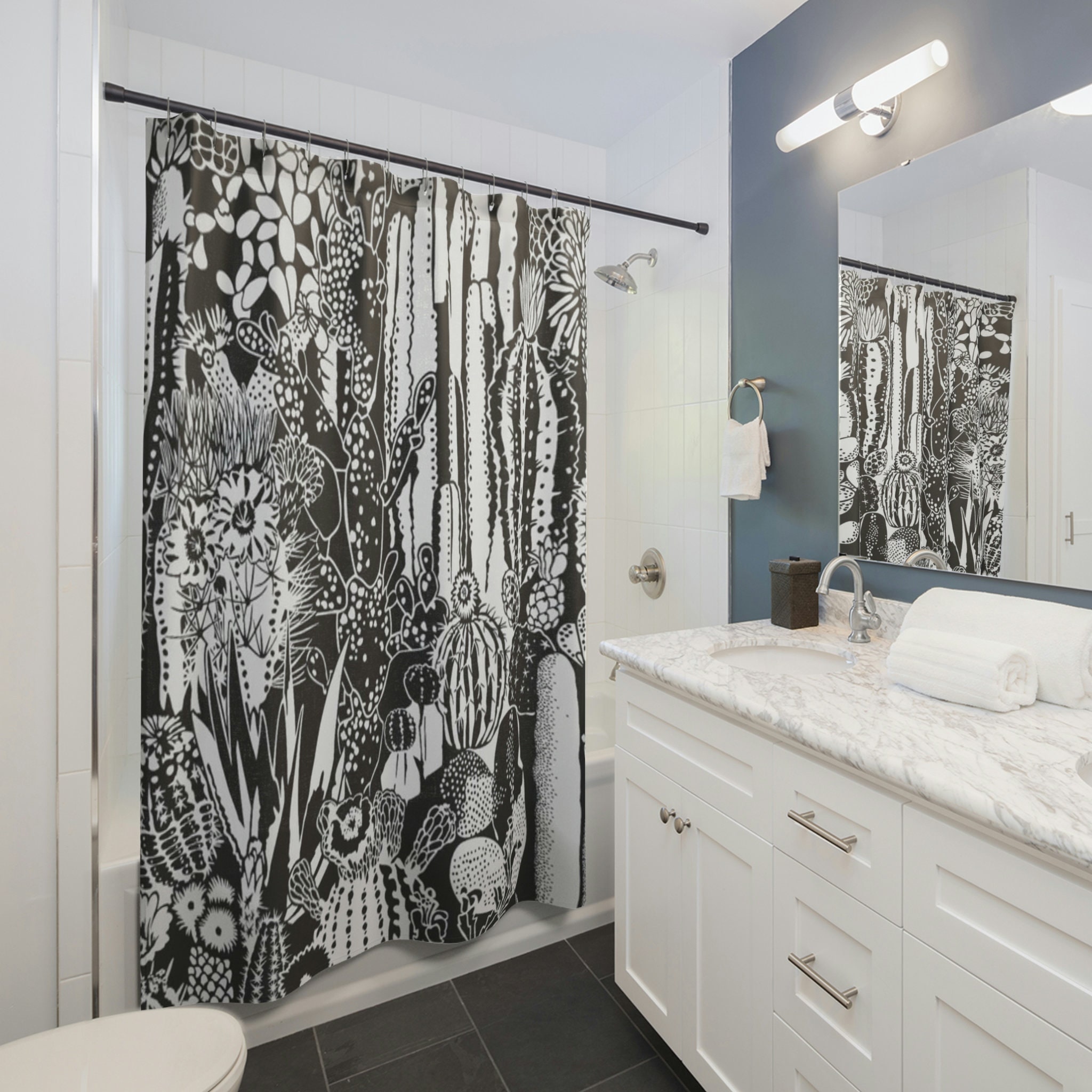 Cactus Shower Curtain - Modern and Minimalist Bathroom Decor with Black and White Print