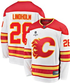 Calgary Flames Elias Lindholm 28 Away 2022 Stanley Cup Playoffs Breakaway Men Jersey - White