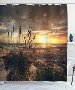 Calm Coastal Scene Shower Curtain, Cloudy Sunset Ocean Picture Cloth Bathroom Decor in Yellow Tan