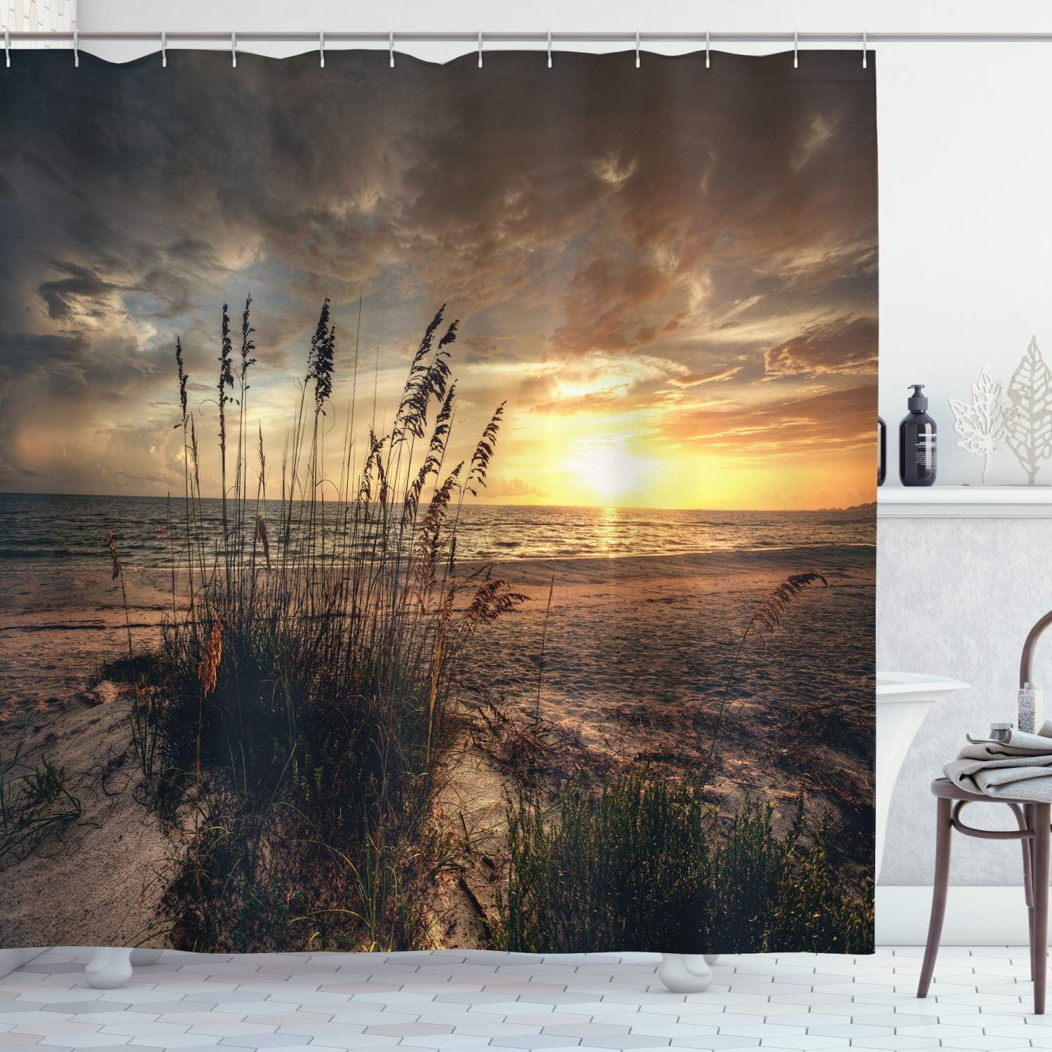 Calm Coastal Scene Shower Curtain, Cloudy Sunset Ocean Picture Cloth Bathroom Decor in Yellow Tan